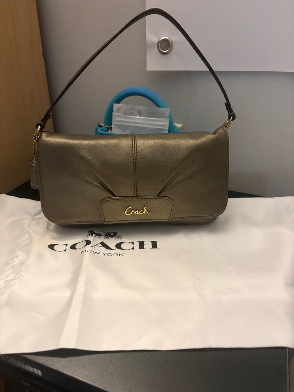 Coach Metallic Taupe Leather Shoulder Bag with Gold Hardware